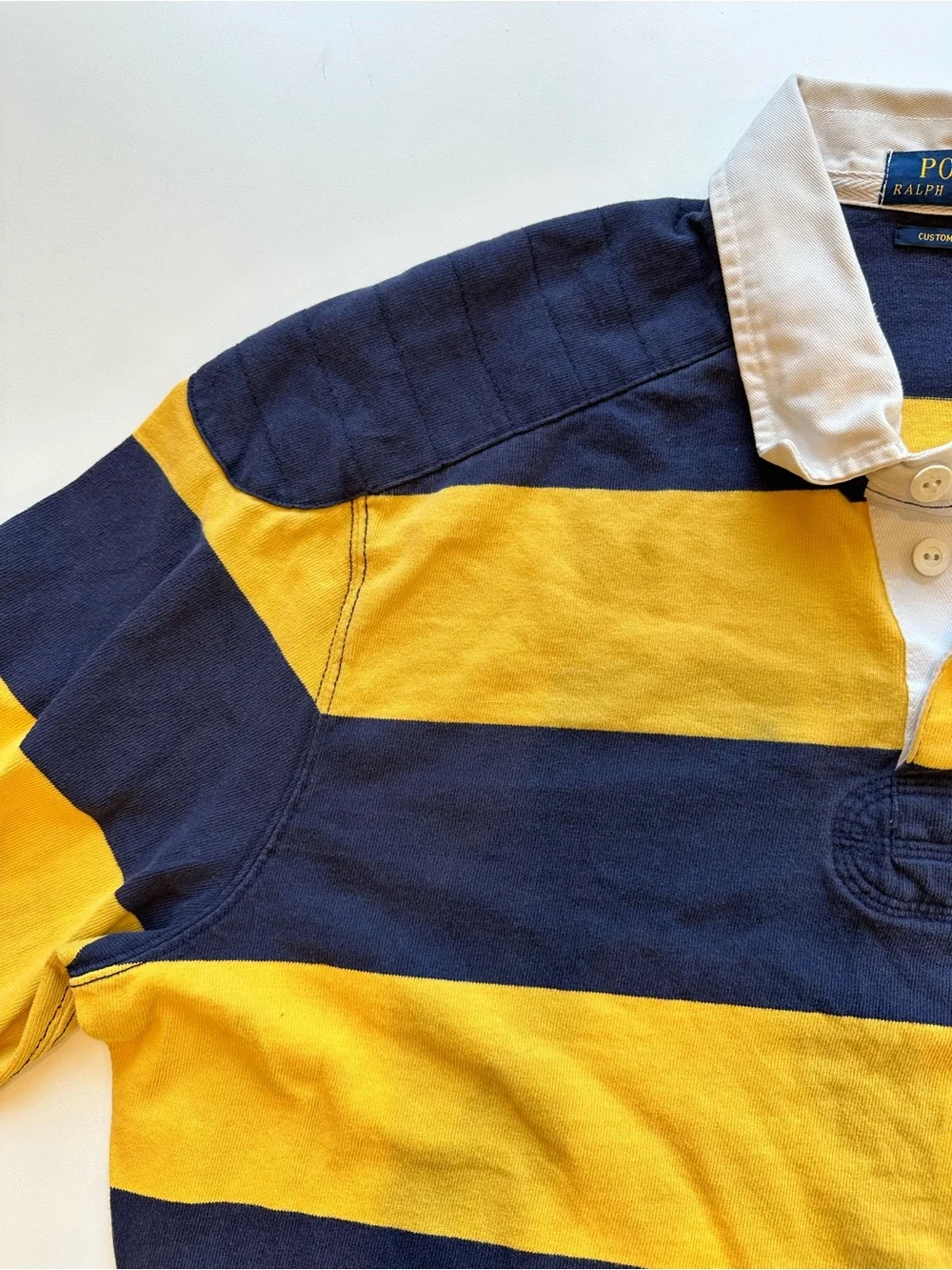 Polo Ralph Lauren Rugby Shirt XXL Custom Fit Navy Gold Striped Elbow Patch